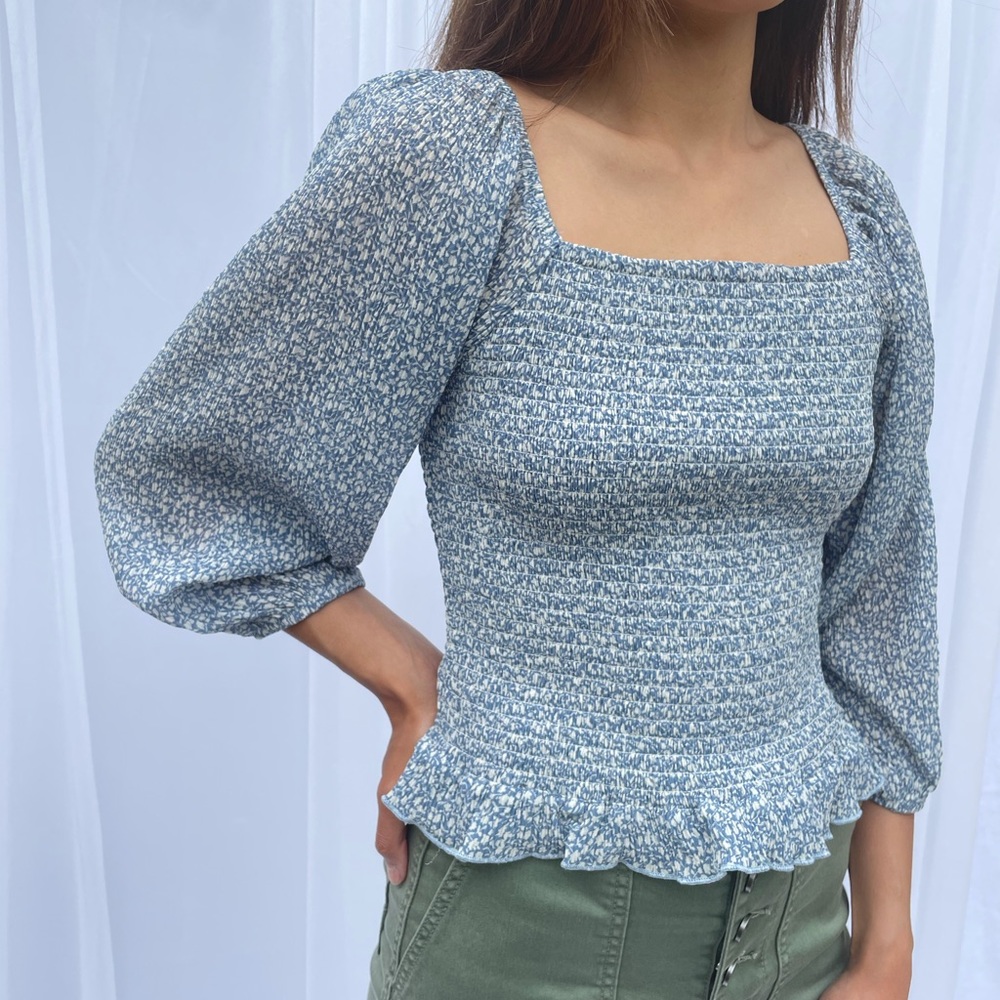 Blue Floral Long Sleeve Peasant Smocked Peplum Top